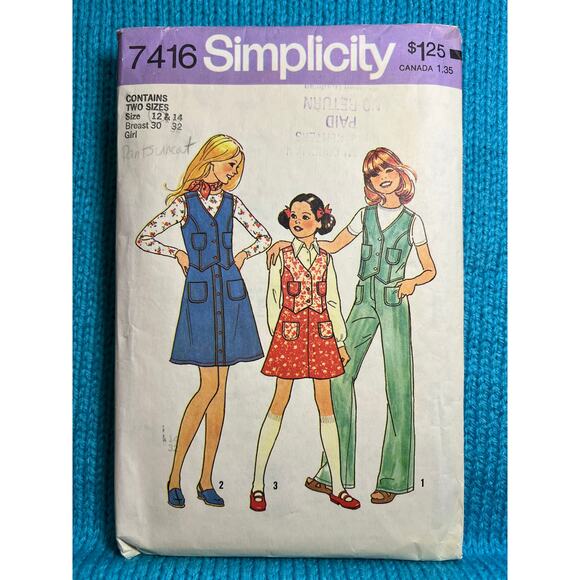 Simplicity 7416 Sewing pattern girls vest wide leg pant and aline skirt size 12 - Picture 1 of 5